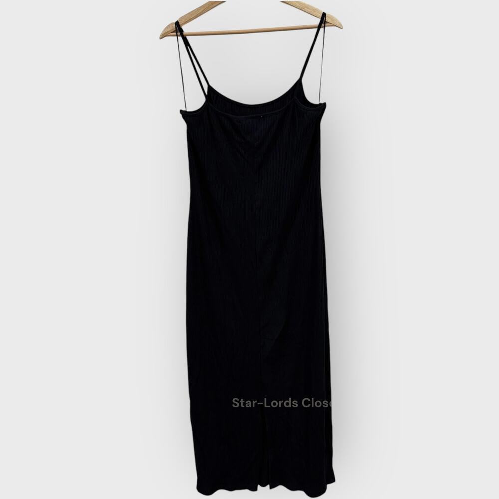Womens L Black Ribbed Knit Midi Dress Scoop Neck Sleeveless Bodycon Quiet Luxury - Picture 8 of 8